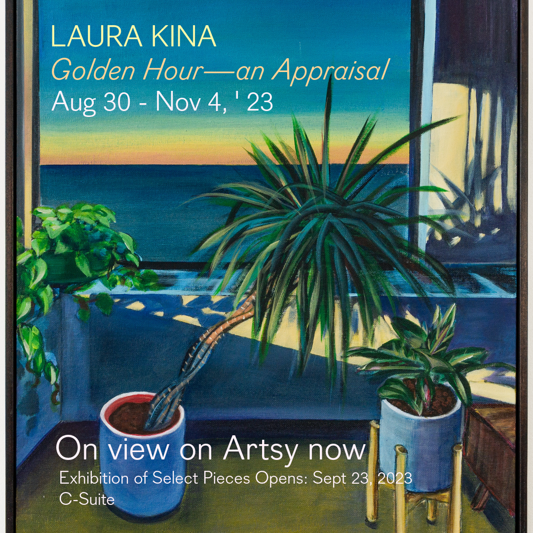 This is an acrylic painting by Laura Kina featuring three house plants by a window sill at sunset.